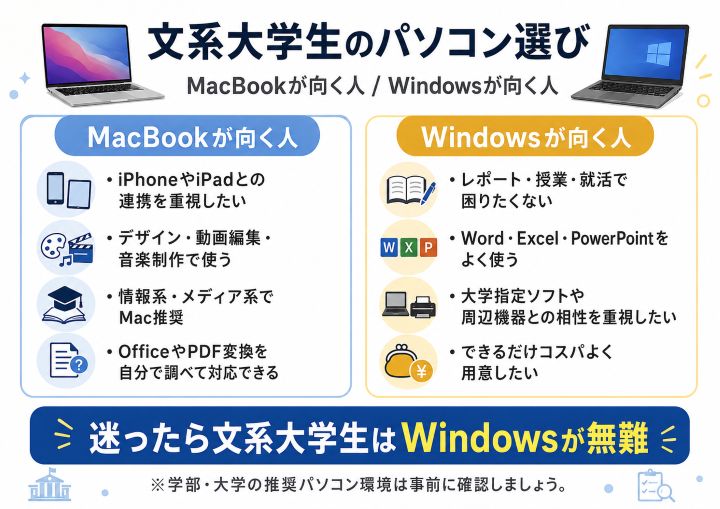 文系大学生向けにMacBookが向く人とWindowsが向く人を比較した図解