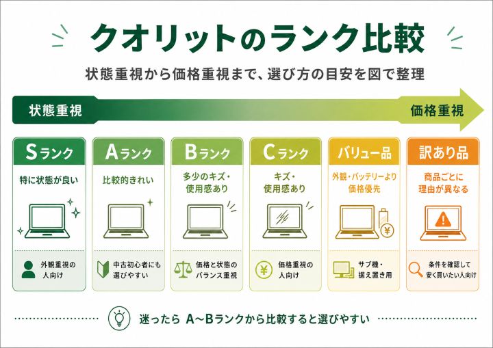 クオリットのランク比較図。Sランク、Aランク、Bランク、Cランク、バリュー品、訳あり品の違いを、状態重視から価格重視まで比較した図解
