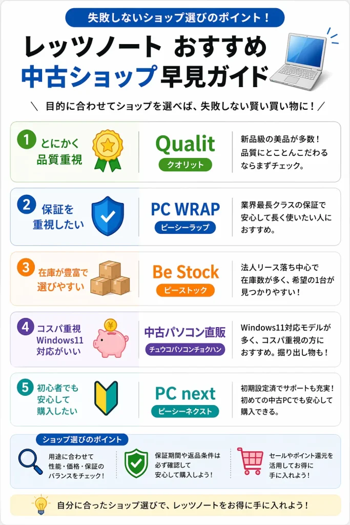 レッツノート中古ショップの選び方｜品質・保証・在庫・コスパ・初心者向けのおすすめ比較
