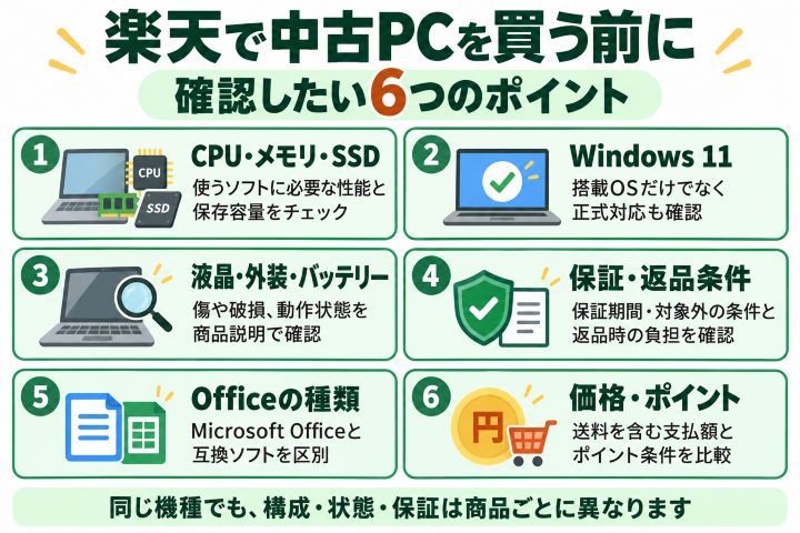 楽天で中古パソコンを選ぶときに確認したい性能・OS・状態・保証・Office・価格