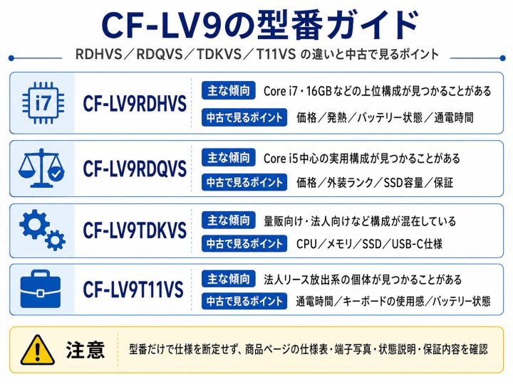 CF-LV9の型番ガイド。RDHVS・RDQVS・TDKVS・T11VSの主な傾向と、中古で確認したい価格・メモリ・SSD・バッテリー状態・通電時間を比較