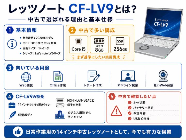 ハイスぺ ノートパソコン CF-LV9 Windows11 i7 バッテリー良好 レッツノート CF-LV9完全ガイド｜中古相場・仕様・型番・メモリ増設