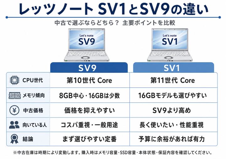 レッツノートSV1とSV9のCPU世代・メモリ・中古価格・向いている人の違いを比較した図解