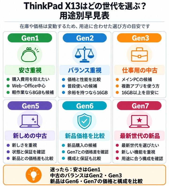 ThinkPad X13の世代別おすすめと中古・新品の選び方をまとめた比較図