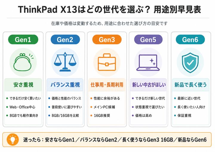 ThinkPad X13の世代別の選び方をまとめた用途別早見表。Gen1は安さ重視、Gen2はバランス重視、Gen3は仕事用・長期利用、Gen5は新しい中古向き、Gen6は新品で長く使いたい人向け。