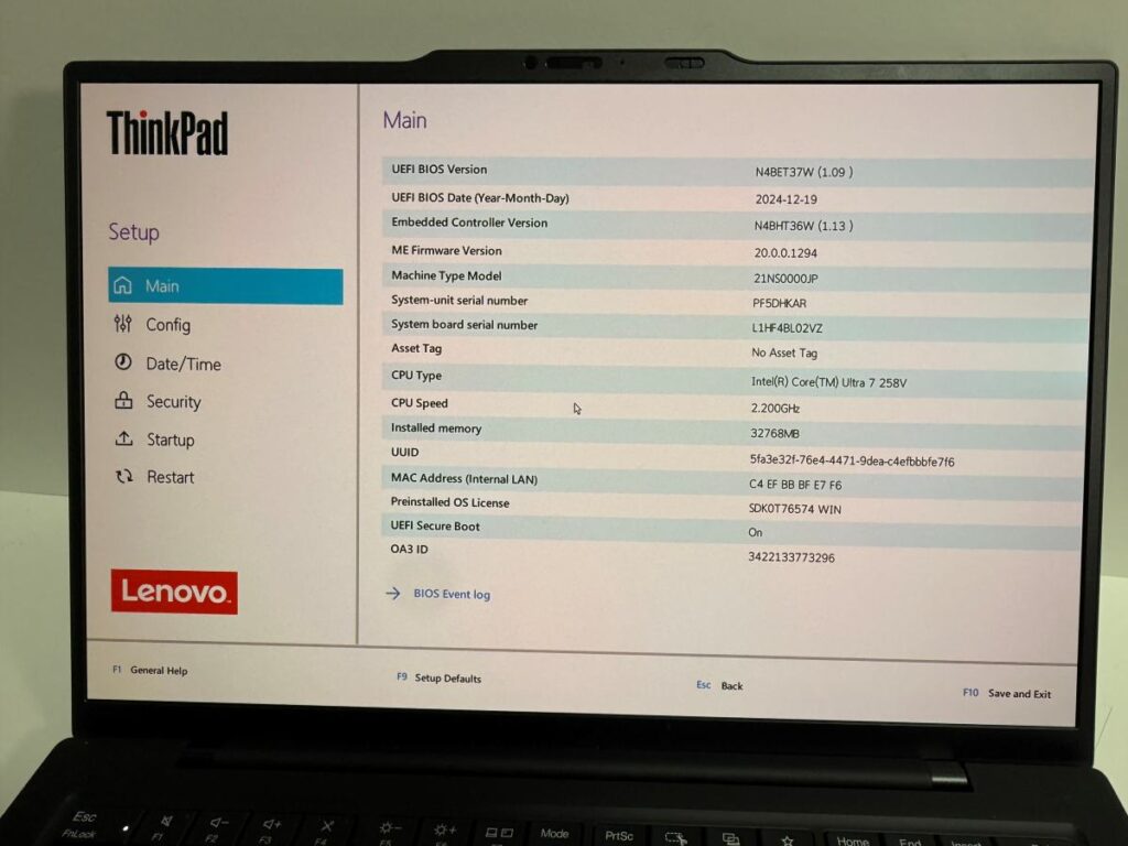 ThinkPad X1 Carbon Gen 13 Aura Edition BIOS 型番21NS0000JP Intel Core Ultra 7 258V メモリ32GB