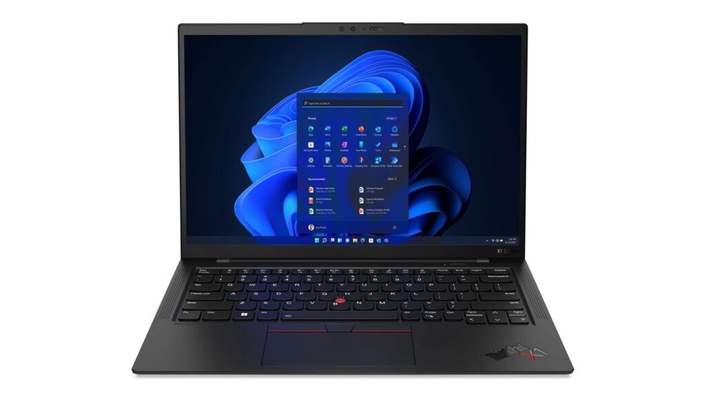 ThinkPad X1 Carbon Gen10の正面外観。Windows 11画面とキーボード全体が見える14インチ軽量ノートPC
