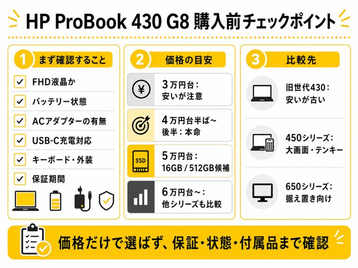 HP ProBook 430 G8購入前チェックポイント。FHD液晶、バッテリー状態、ACアダプターの有無、USB-C充電対応、保証期間、価格帯、比較先をまとめた図解