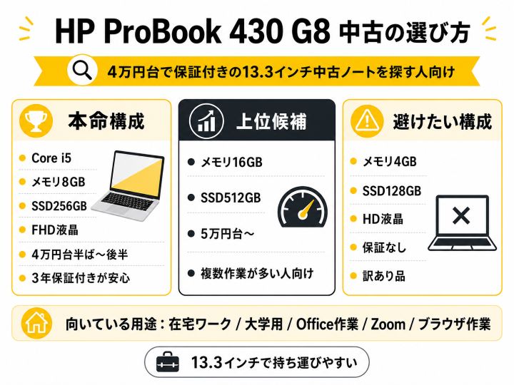 HP ProBook 430 G8中古の選び方。本命構成はCore i5・メモリ8GB・SSD256GB・FHD液晶、4万円台半ばから後半で保証付きがおすすめ