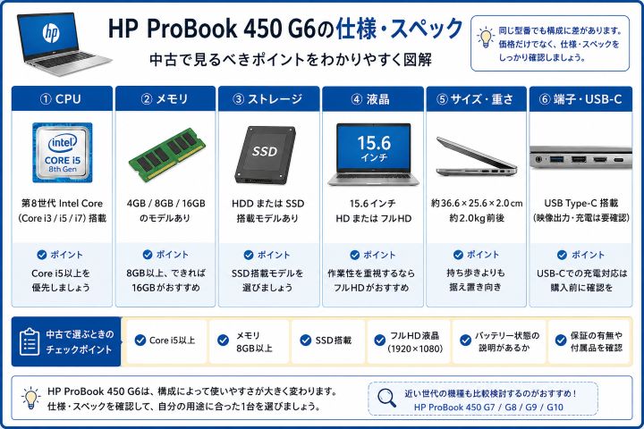 HP ProBook 450 G6の中古向けスペックと仕様の選び方を図解した画像