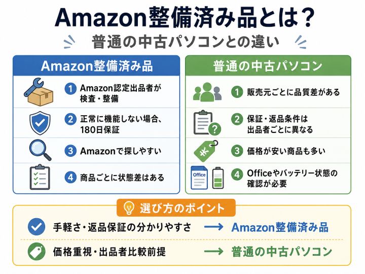 Amazon整備済み品と普通の中古パソコンの違いを検査整備・保証・価格・確認ポイントで比較した図解