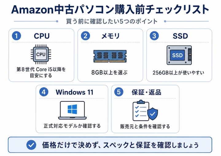 Amazon中古パソコンを買う前に確認したいCPU・メモリ・SSD・Windows11・保証返品のチェックリスト