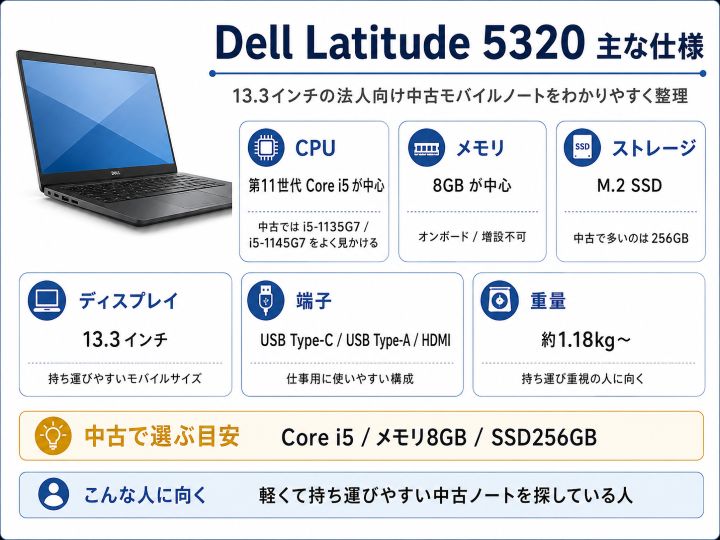 Dell Latitude 5320のCPU・メモリ・SSD・画面サイズ・端子・重量をまとめた主な仕様の図解