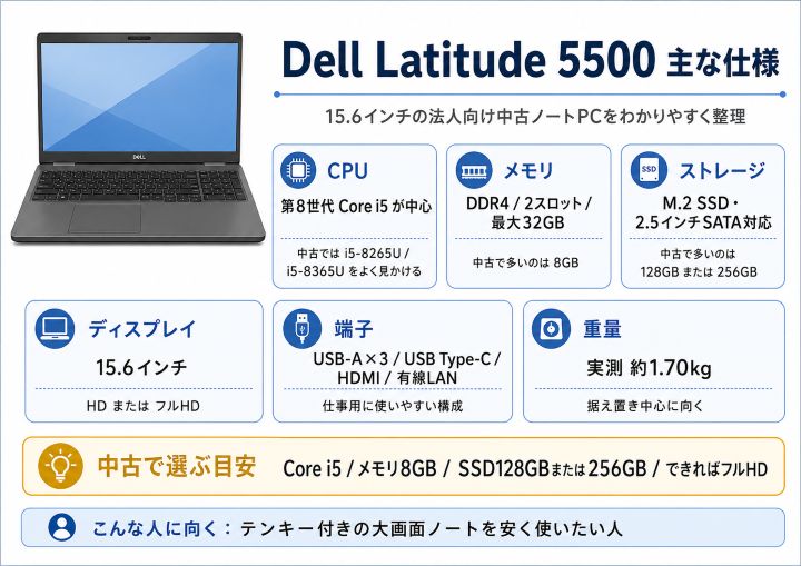 Dell Latitude 5500の主な仕様をまとめた図解。第8世代Core i5、メモリ8GB、SSD128GBまたは256GB、15.6インチ液晶、端子、実測重量を紹介