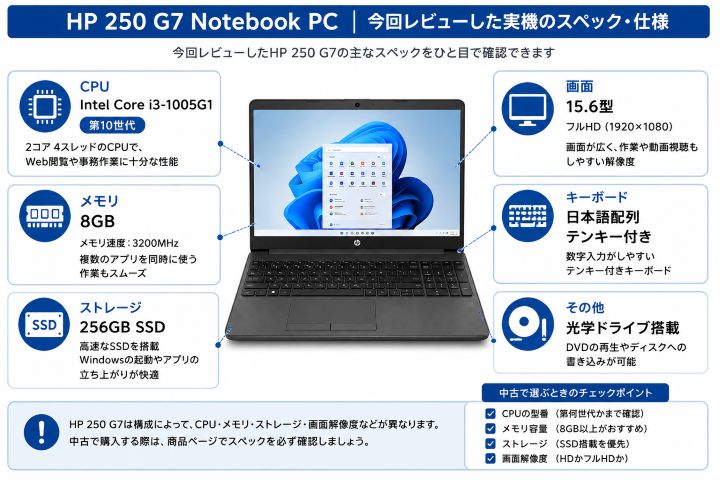 HP 250 G7 Notebook PCの実機スペックをまとめた図解。Core i3-1005G1、メモリ8GB、SSD256GB、15.6型フルHD、日本語配列テンキー付き、光学ドライブ搭載