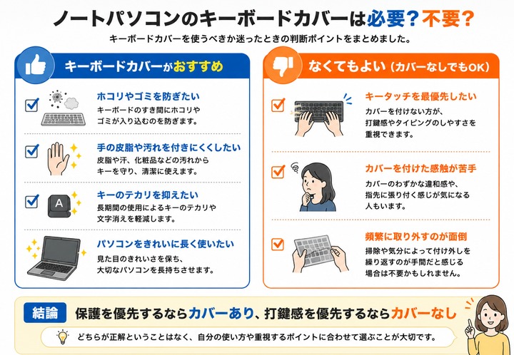 ノートパソコンのキーボードカバーが必要な人と不要な人を比較した図解