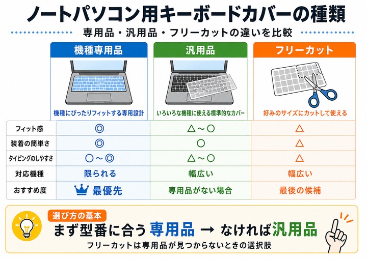 ノートパソコン用キーボードカバーの機種専用品・汎用品・フリーカットタイプを比較した図解