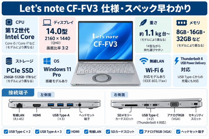 Let's note CF-FV3のスペック・仕様|第12世代Core・14型3:2・接続端子