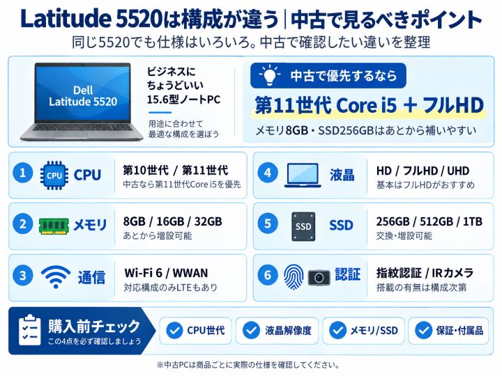 Dell Latitude 5520のCPU・液晶・メモリ・SSDなど中古で確認したい構成の違い