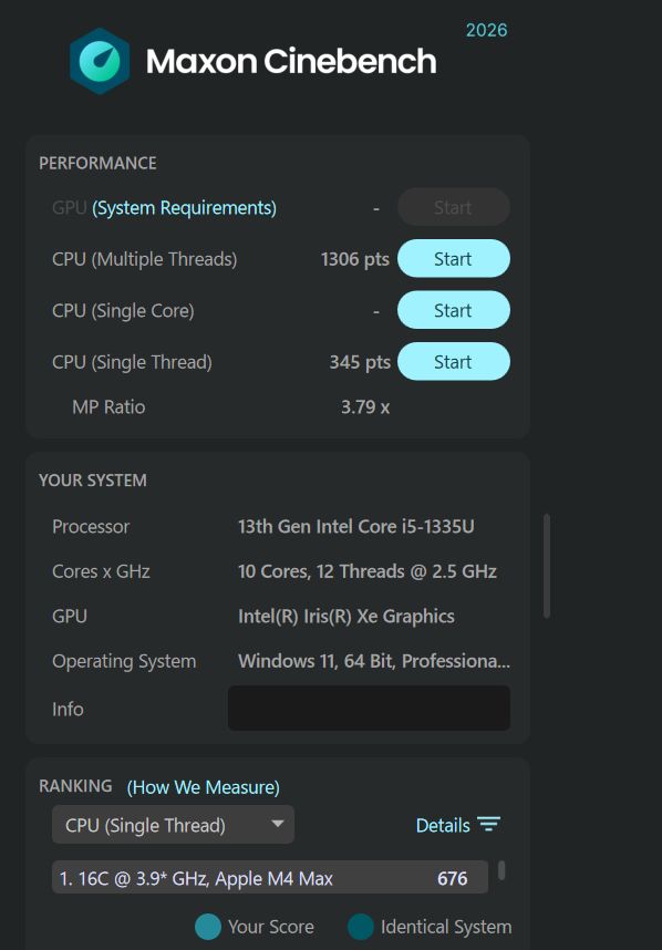 VersaPro タイプVNのCinebench 2026測定結果。マルチスレッド1306 pts、シングルスレッド345 pts