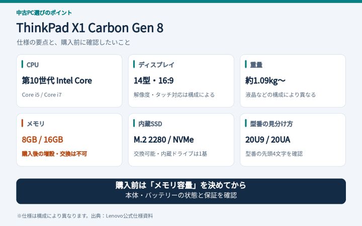 ThinkPad X1 Carbon Gen 8のCPU・画面・重さ・メモリ・SSD規格・型番をまとめた仕様図解