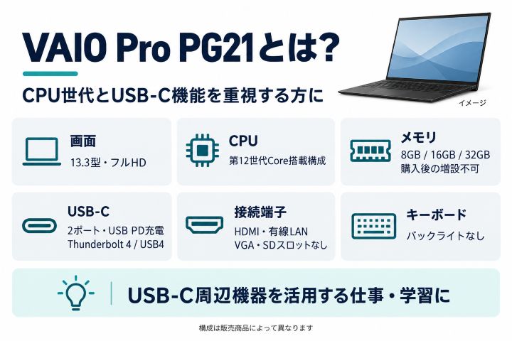 VAIO Pro PG21の画面サイズ・CPU・メモリ・接続端子などの特徴をまとめた図解